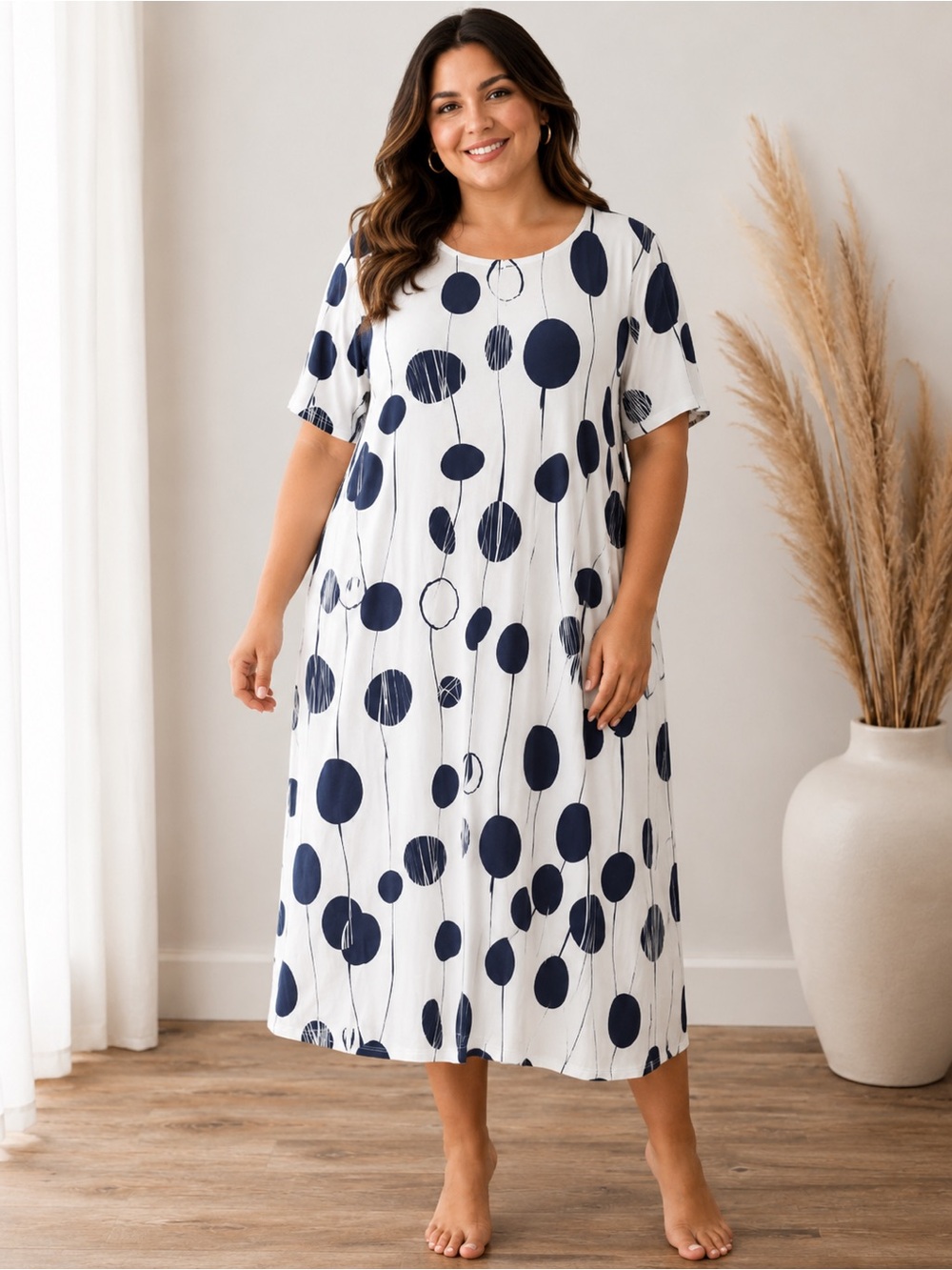 Boutique Abstract Polka Dot Loose Midi Shift Dress - 2X